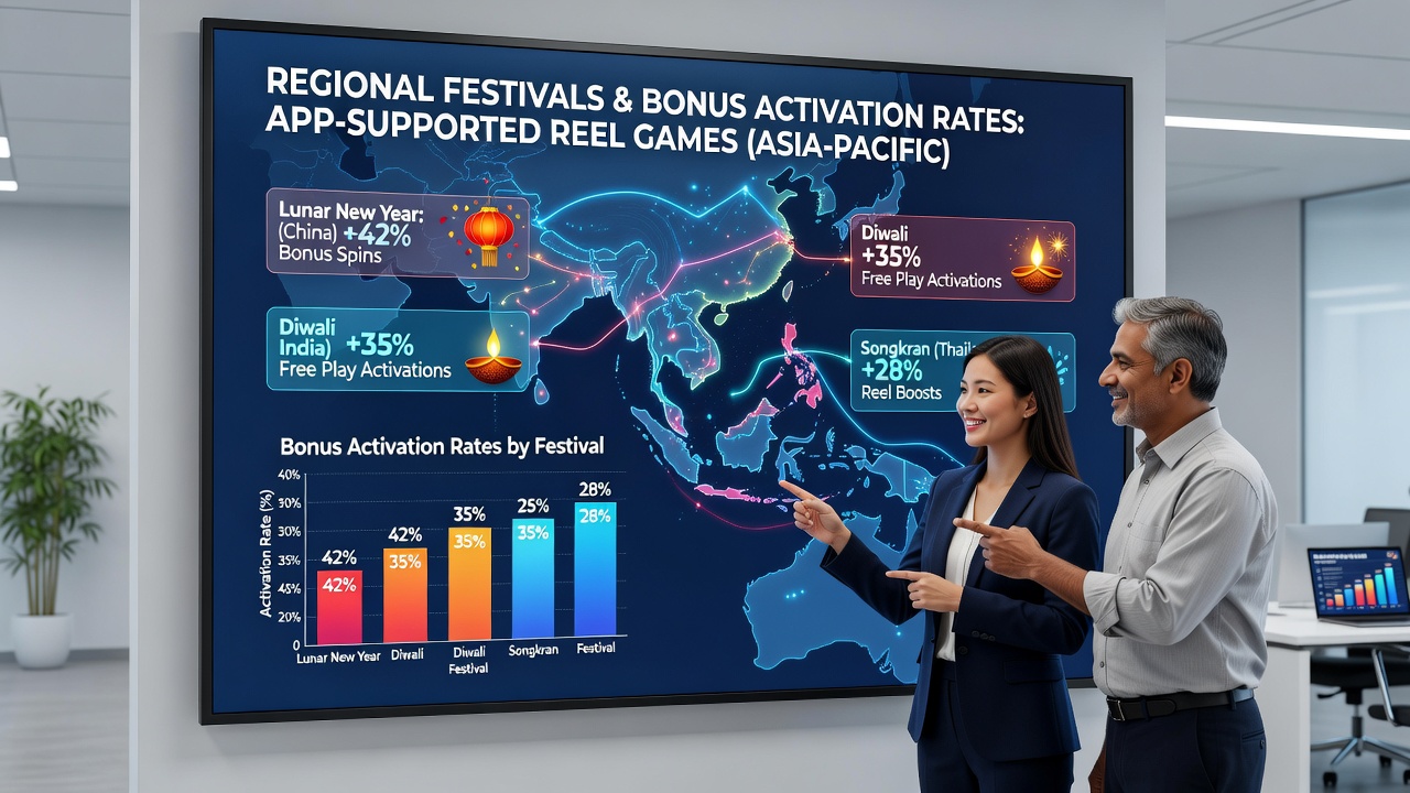 Analytics dashboard displaying regional bonus activation trends during Asia-Pacific festivals in reel gaming applications