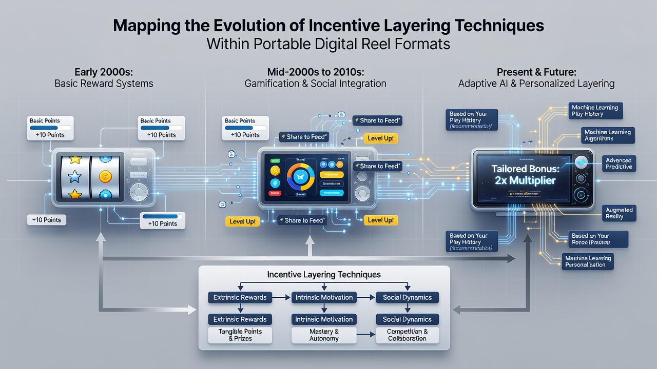 Layered reward pathways illustrated on multiple portable device screens with data flow diagrams