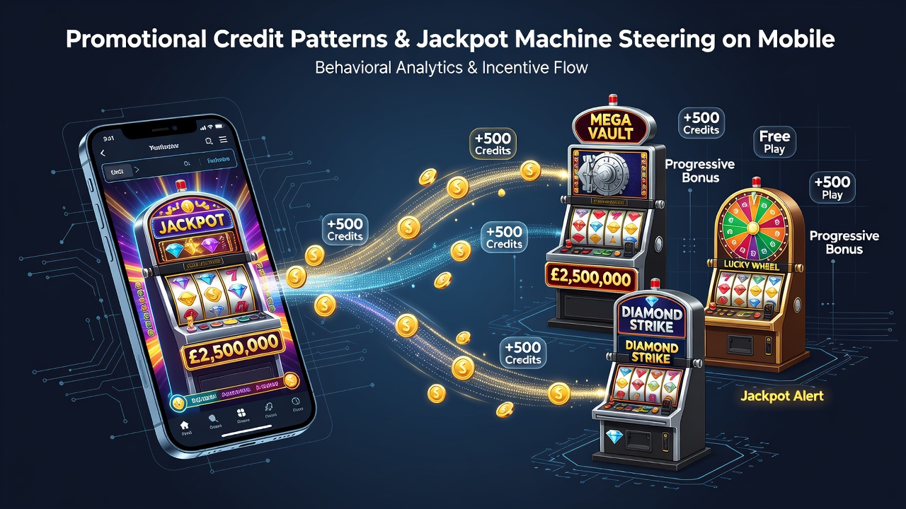 Analytics dashboard displaying player navigation patterns toward jackpot machines via mobile promotional credits