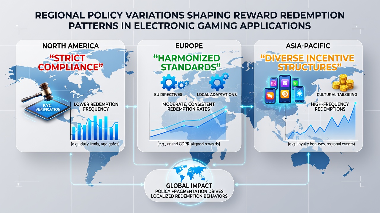 Mobile gaming app screens displaying reward redemption options under different regional policies