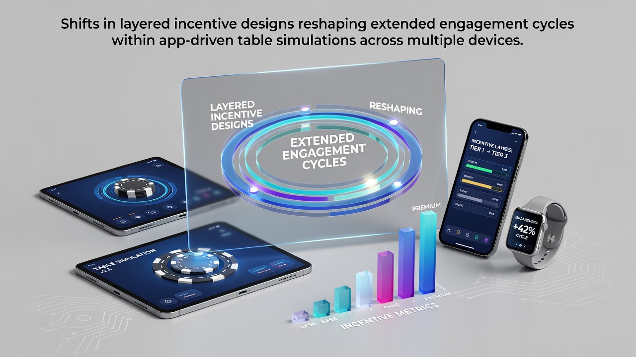 App interface showing layered rewards in table game simulations on mobile and tablet devices