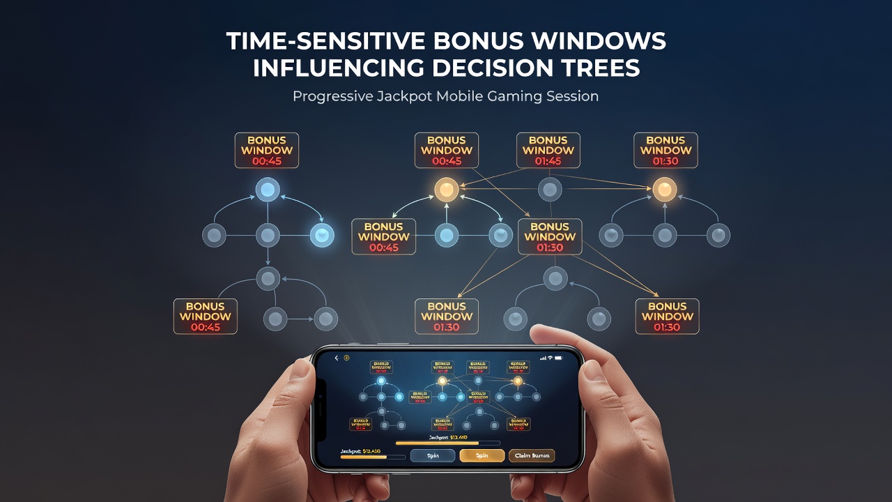 Illustration of decision tree flowchart overlaid on a progressive jackpot mobile interface with timer elements