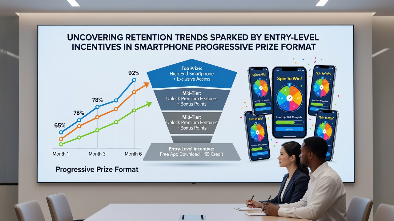 Analytics dashboard showing retention curves for mobile apps with progressive prize incentives